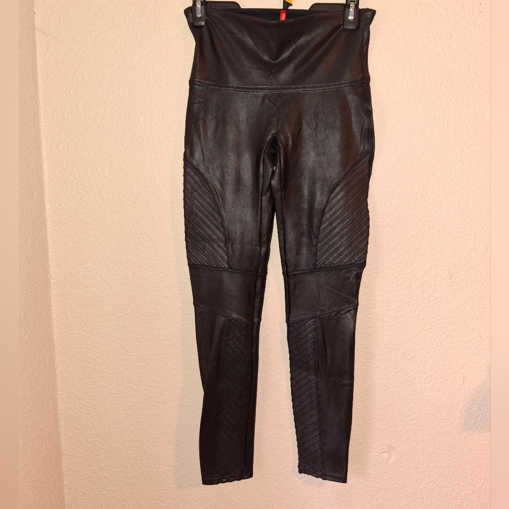 SPANX Black Faux Leather Leggings Sz Large Womens